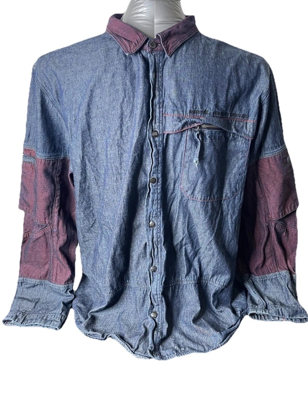 VTG Marithé François Girbaud Denim Shirt Mens XXL Blue Maroon Hong Kong